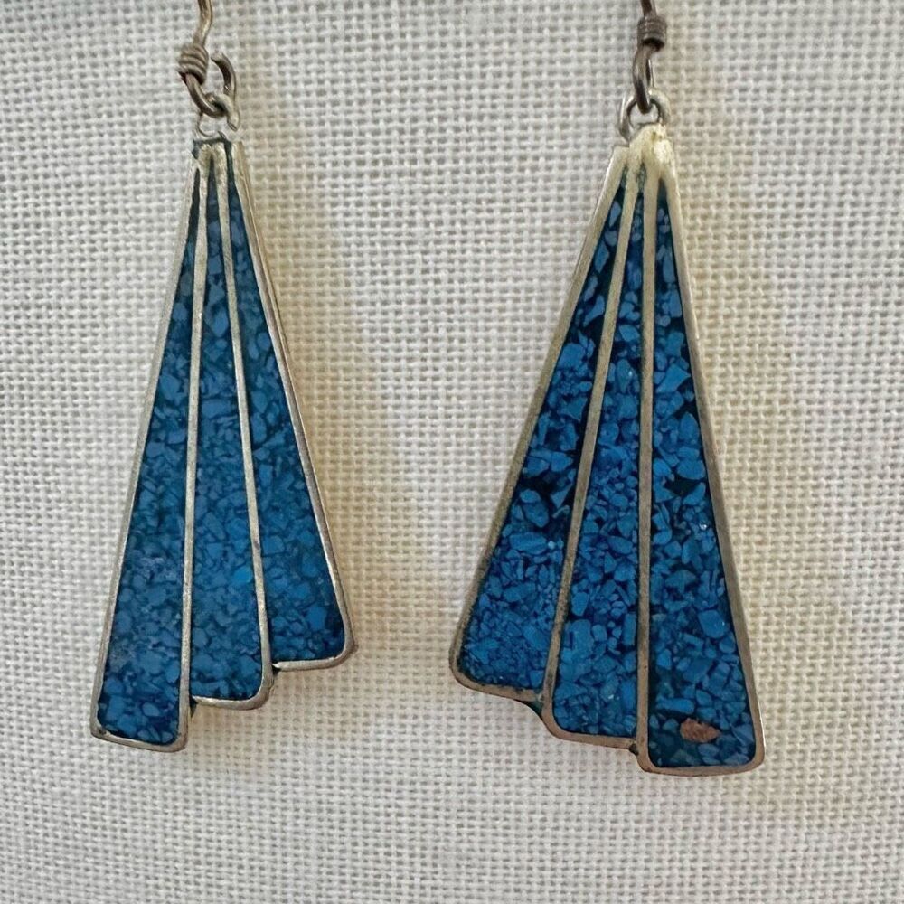 Vintage Mexican Alpaca Fan Earrings with Blue Inlay